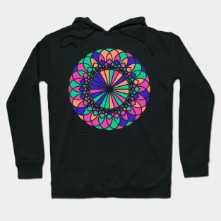 Random geometric repeated elements in round ornament in bright neon colors Hoodie